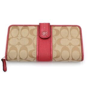 Coach Y2K Wallet Signature Jacquard Khaki Pink Leather Trim Bifold Zip Organizer